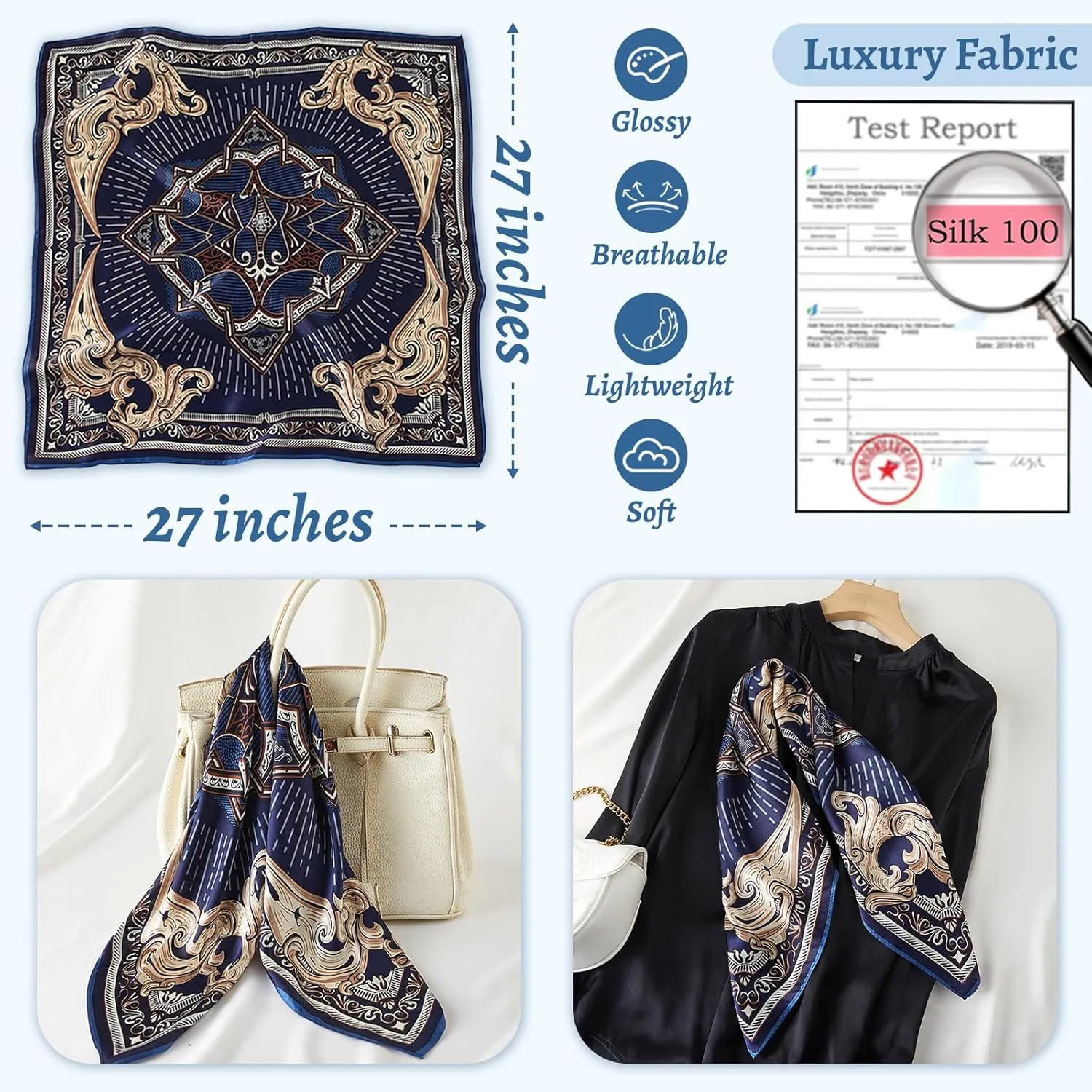 100% Mulberry Silk Square Scarf 27''x27'' Neck Scarf Hair Scarf Headscarf Bandanas for Women