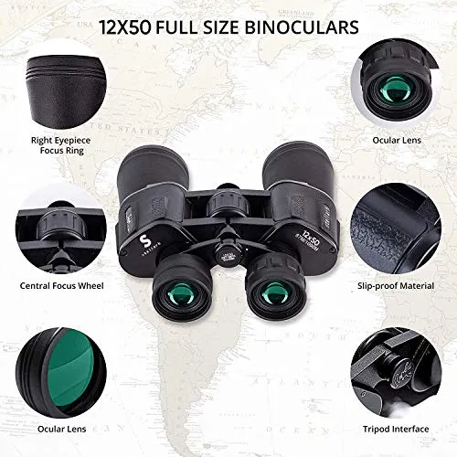 12x50 HD Full Size Binoculars for Adults with Photography Kit - Smartphone Adapter Universal Tripod Carrying Bag & Strap for Bird Watching Hunting Stargazing Sporting & Sightseeing