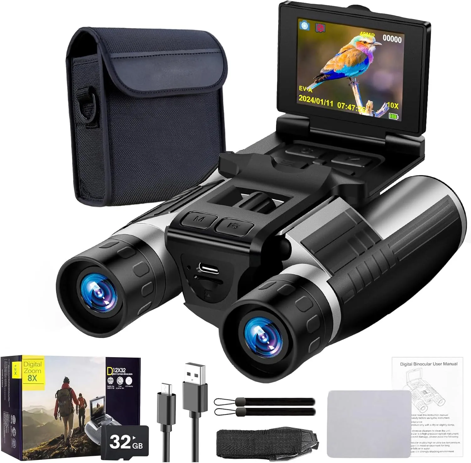 2.4" LCD Digital Binoculars with Camera for Adults, 12x32 48MP 2.5K Video Photo Recoder for Bird Watching Hunting Concerts and Sports Games 32G