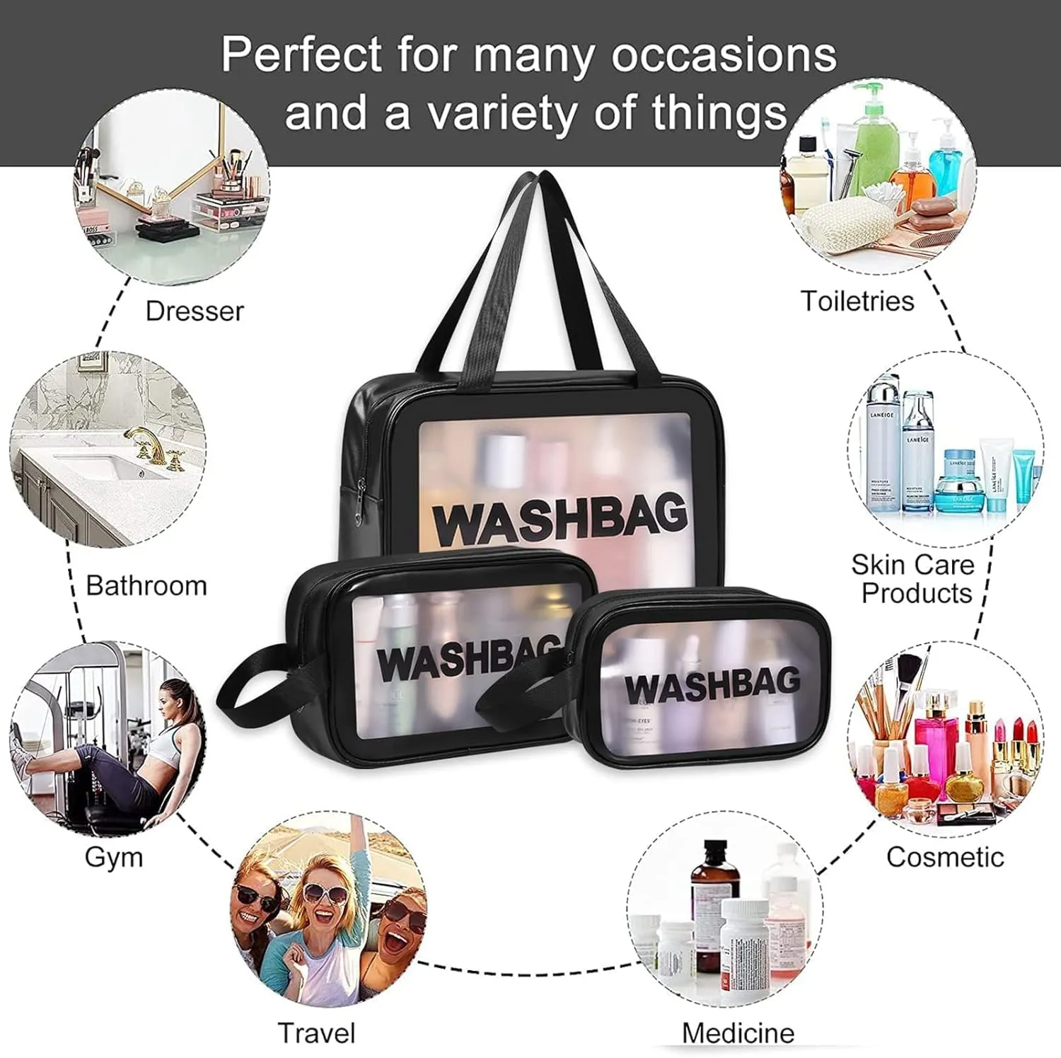 3-Piece Clear Travel Makeup Bag Set – Waterproof PVC Toiletry Organizer with Handles & Zipper, TSA-Approved Transparent Cosmetic Pouch for Women (Black)