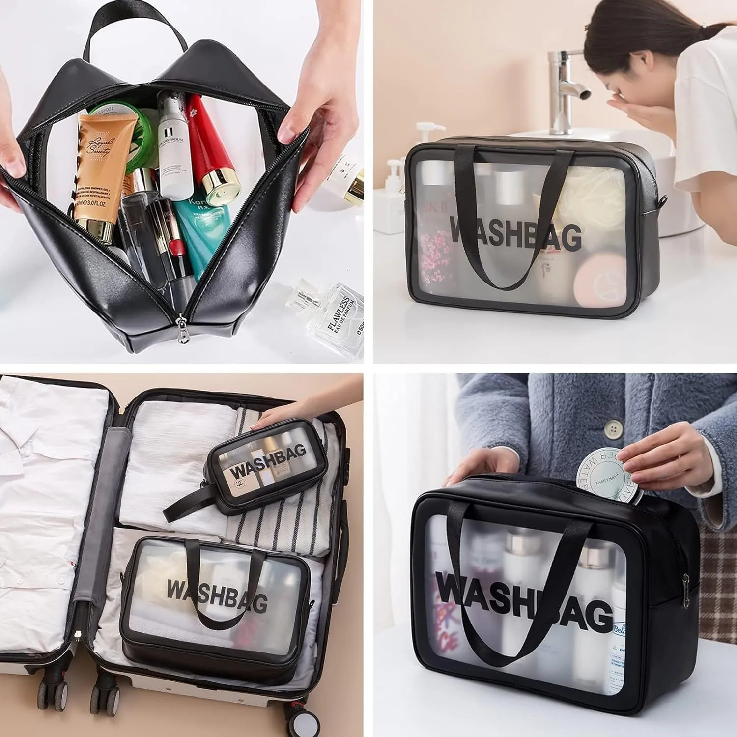 3-Piece Clear Travel Makeup Bag Set – Waterproof PVC Toiletry Organizer with Handles & Zipper, TSA-Approved Transparent Cosmetic Pouch for Women (Black)