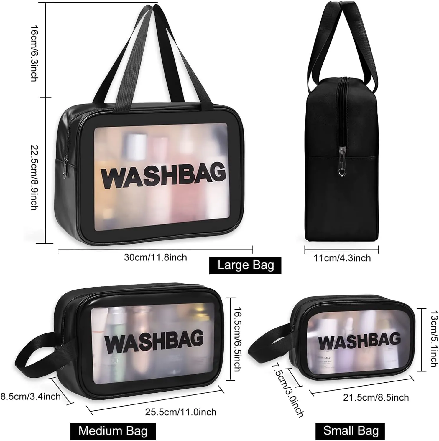 3-Piece Clear Travel Makeup Bag Set – Waterproof PVC Toiletry Organizer with Handles & Zipper, TSA-Approved Transparent Cosmetic Pouch for Women (Black)