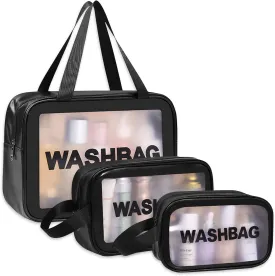 3-Piece Clear Travel Makeup Bag Set – Waterproof PVC Toiletry Organizer with Handles & Zipper, TSA-Approved Transparent Cosmetic Pouch for Women (Black)