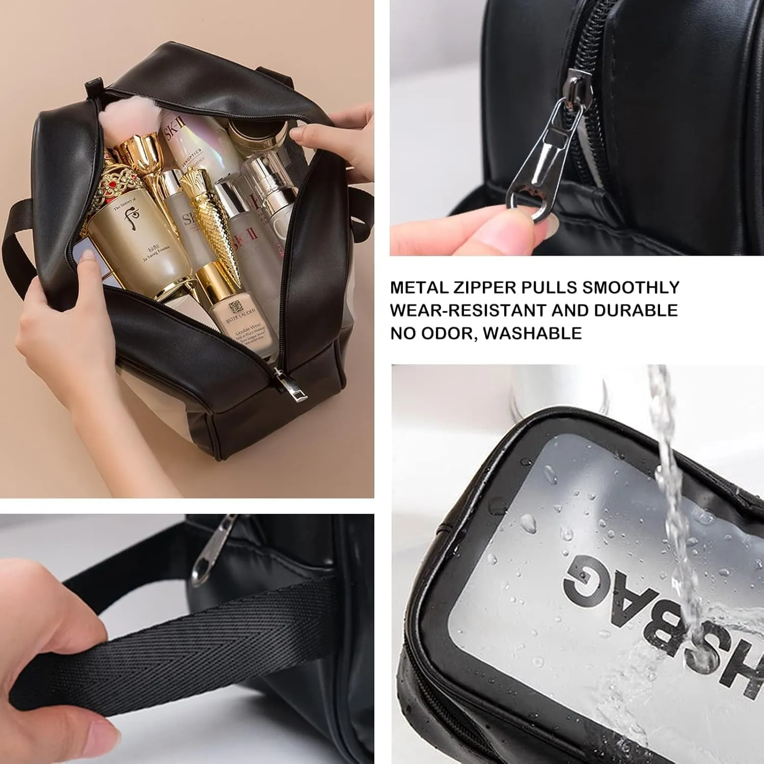 3-Piece Clear Travel Makeup Bag Set – Waterproof PVC Toiletry Organizer with Handles & Zipper, TSA-Approved Transparent Cosmetic Pouch for Women (Black)