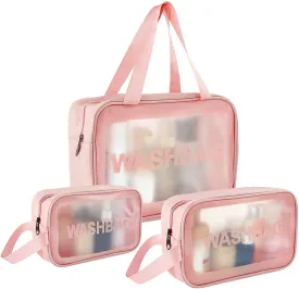 3-Piece Clear Travel Makeup Bag Set – Waterproof PVC Toiletry Organizer with Handles & Zipper, TSA-Approved Transparent Cosmetic Pouch for Women (Pink)