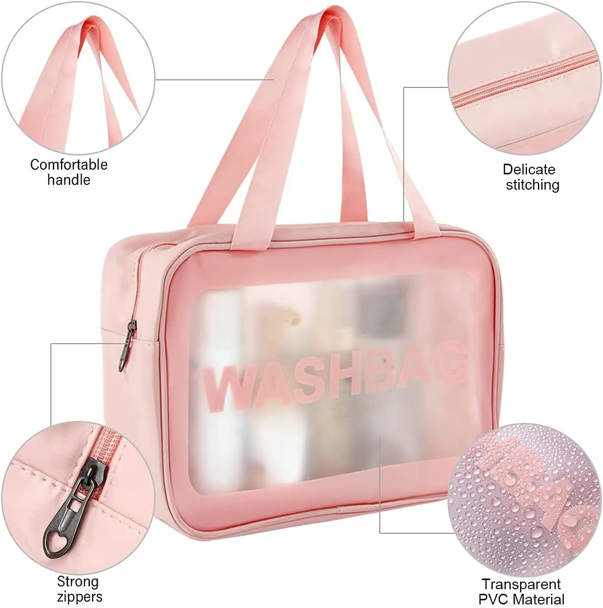 3-Piece Clear Travel Makeup Bag Set – Waterproof PVC Toiletry Organizer with Handles & Zipper, TSA-Approved Transparent Cosmetic Pouch for Women (Pink)