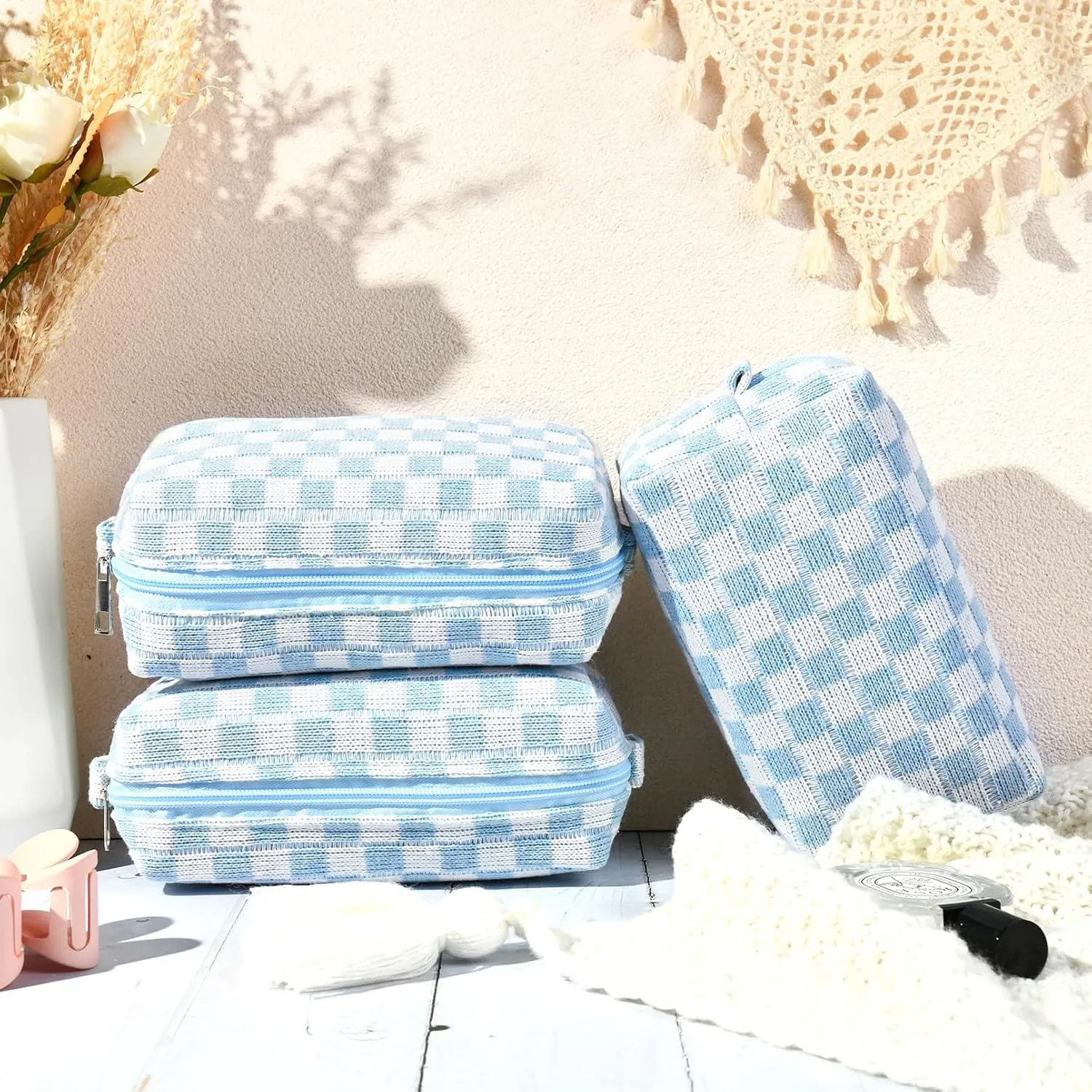 8 Pcs Checkered Makeup Bag Bridesmaid Proposal Gifts Makeup Pouch Bulk for Wedding Party Favors Bachelorette Party Decorations Toiletry Organizer Bag Cosmetic Case Gift
