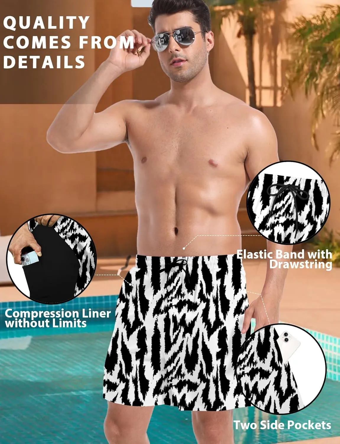 Buauty Mens Swim Trunks with Compression Liner 5 Inch Inseam Quick Dry Swim Shorts Mens Swimsuit Board Shorts with Pockets