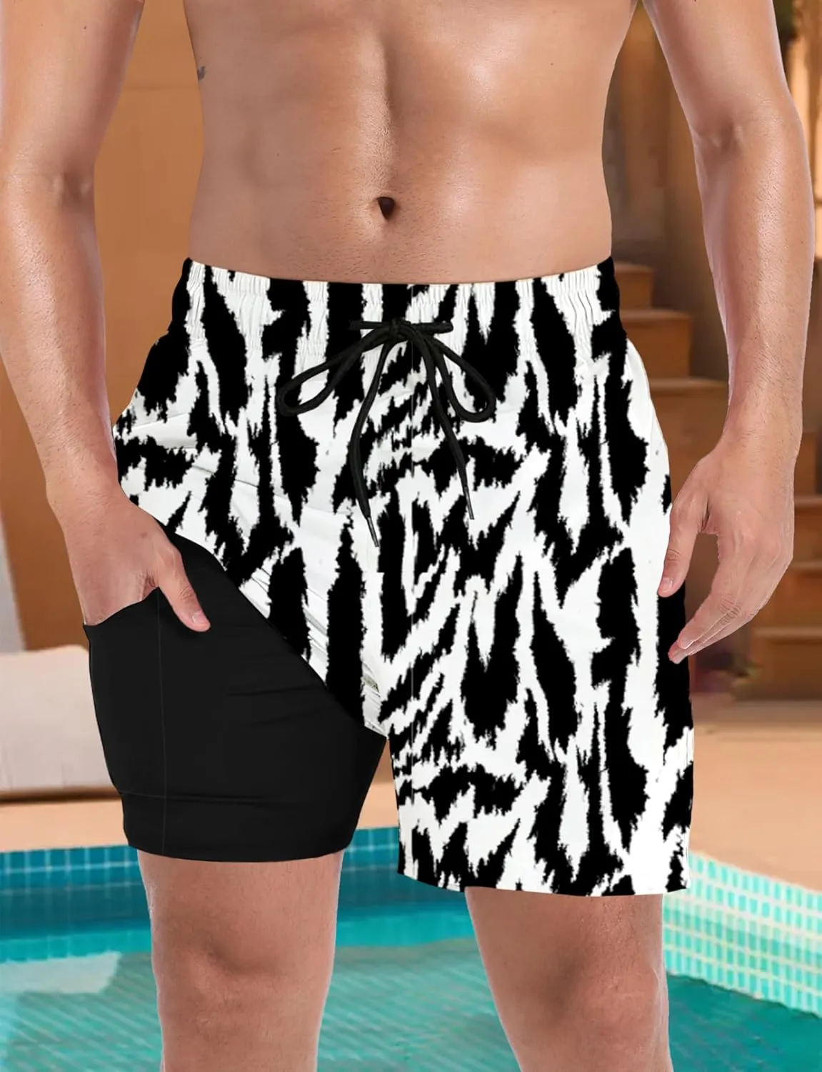 Buauty Mens Swim Trunks with Compression Liner 5 Inch Inseam Quick Dry Swim Shorts Mens Swimsuit Board Shorts with Pockets