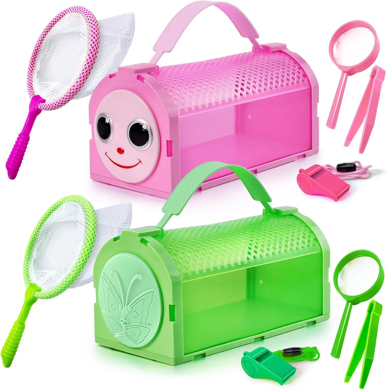 Bug Catcher for Kids, 10 Pcs Outdoor Exploration Kit with 2 Cages, Tweezers, Magnifying Glass, Nets, Whistles - Gift for Boys & Girls Aged 3-12