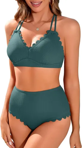 Charmo Women Scallop Trim Bikini Sets Ribbed Two Piece Bathing Suit V Neck High Waisted Swimsuits