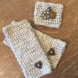 Crocheted Gift Set Fingerless Gloves & Cup Cozy in Speckled Wheat Tweed Gear Heart Accent Knit Spring Fall Winter Boho Bohemian Handmade Fashion Gift Women Accessory
