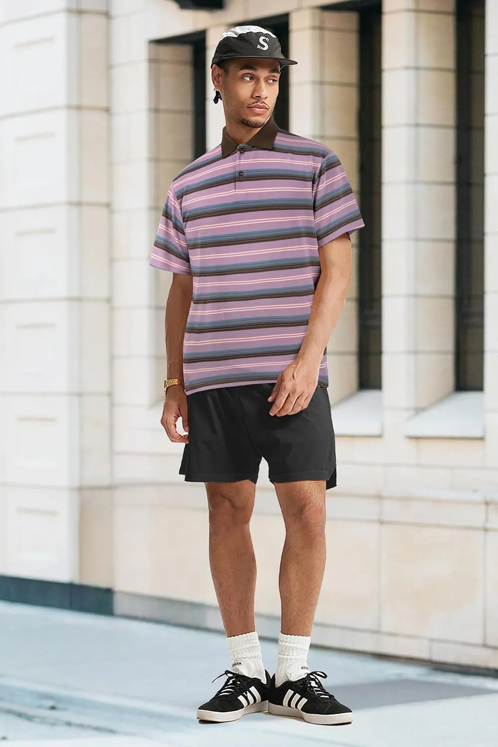 Derminpro Men's Stripe Polo Shirts Short Sleeve Loose Fit Collared T-Shirts