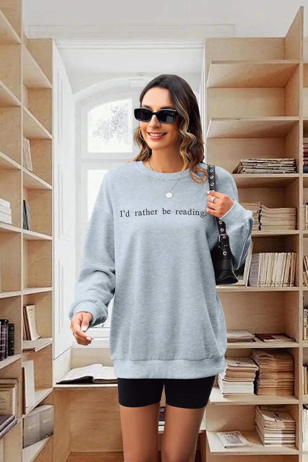 DUTUT Book Sweatshirt for Women I'd Rather Be Reading Sweatshirts Bookworm Embroidered Shirts Teacher Long Sleeve Tops