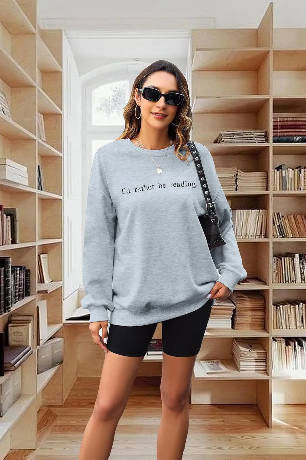DUTUT Book Sweatshirt for Women I'd Rather Be Reading Sweatshirts Bookworm Embroidered Shirts Teacher Long Sleeve Tops