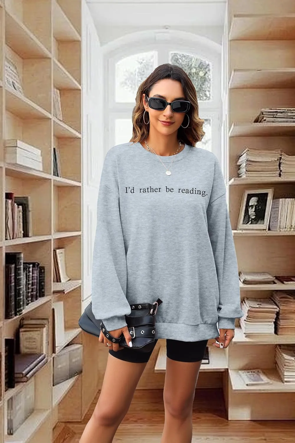 DUTUT Book Sweatshirt for Women I'd Rather Be Reading Sweatshirts Bookworm Embroidered Shirts Teacher Long Sleeve Tops