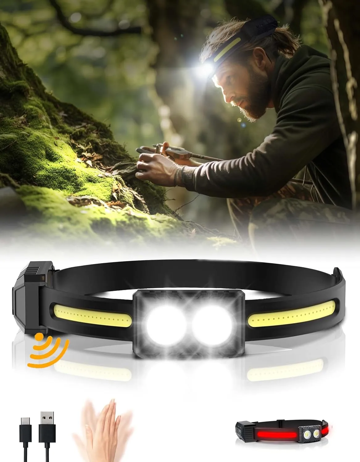 Headlamp Rechargeable, 270Wide-Beam Head lamp LED with Motion Sensor for AdultsWaterproof Head Light Flashlight, 9 Lighting Modes, Comfortable Headlight for Hiking, Running, Repairing, Cycling