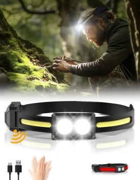 Headlamp Rechargeable, 270Wide-Beam Head lamp LED with Motion Sensor for AdultsWaterproof Head Light Flashlight, 9 Lighting Modes, Comfortable Headlight for Hiking, Running, Repairing, Cycling