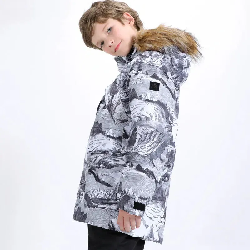 Kids Printed Hooded Snow Ski Insulated Jacket Fur Collar