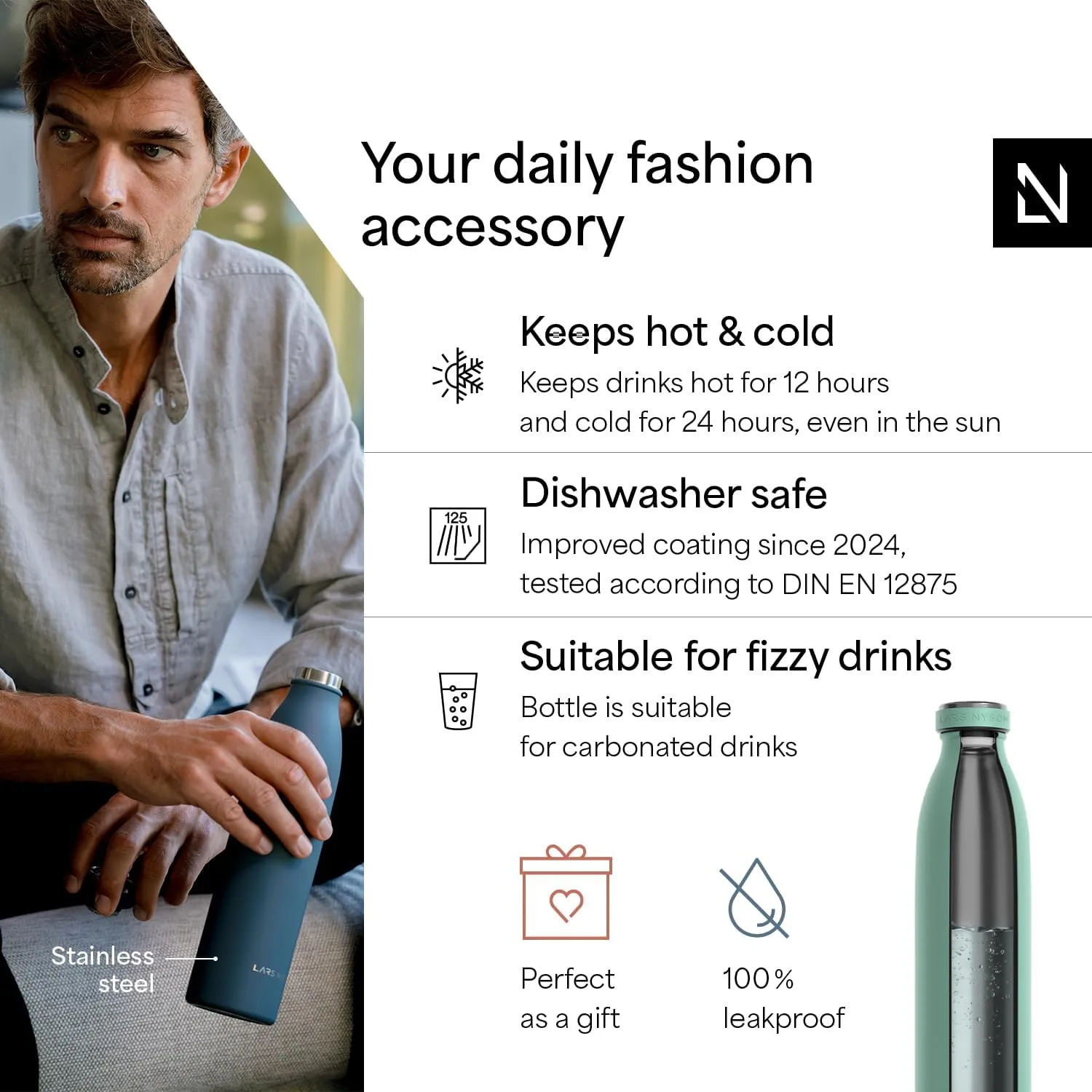 LARS NYSM Stainless Steel Insulated Water Bottle 12oz 17oz 25oz 34oz 51oz | Insulated Thermo Flask for Hot and Cold Beverages | Leakproof Drinking Bottle (Aqua Turquoise, 17oz)