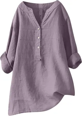 Linen Tops for Women 2025 Summer Button Down Blouses Casual Loose 3/4 Sleeve Shirts V Neck Vacation Henley Tunic