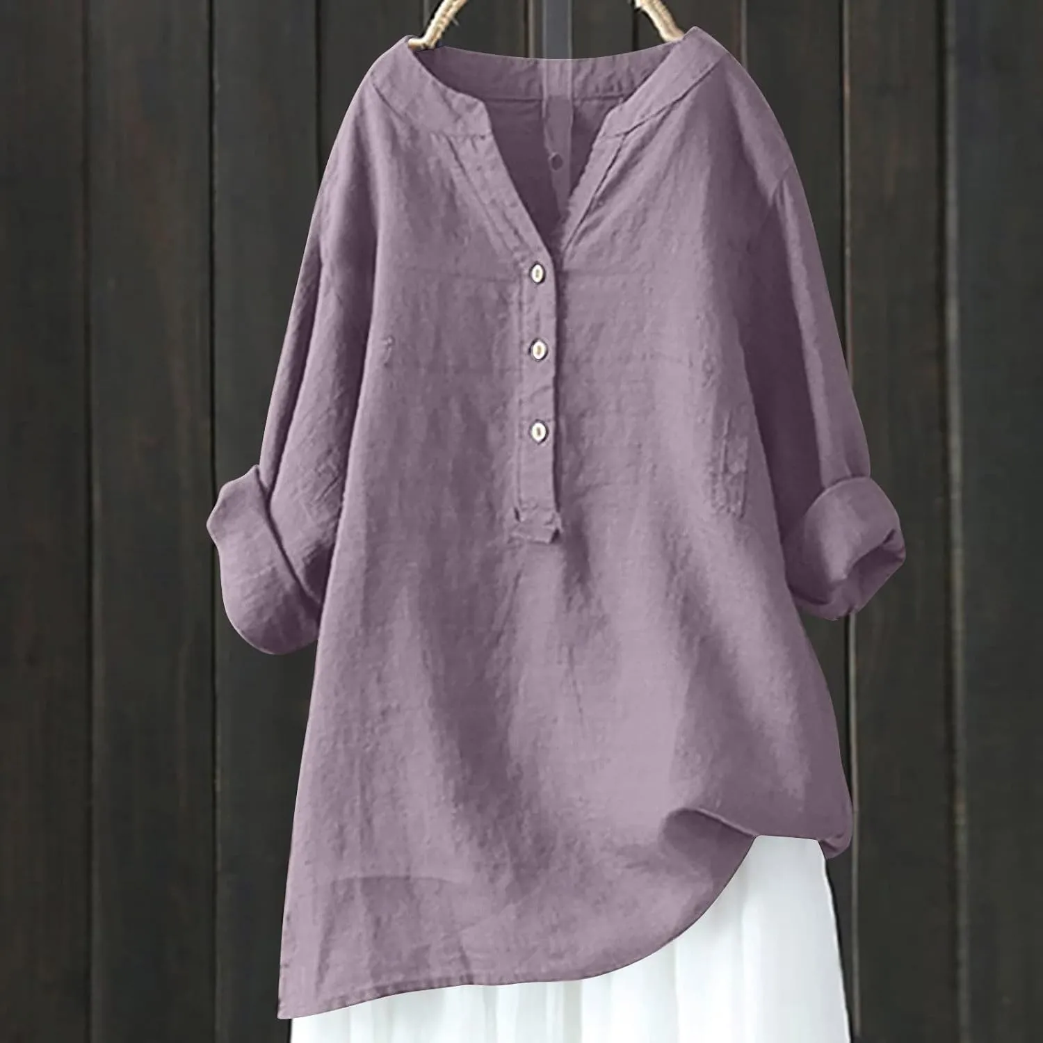 Linen Tops for Women 2025 Summer Button Down Blouses Casual Loose 3/4 Sleeve Shirts V Neck Vacation Henley Tunic