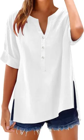Linen Tops for Women Summer Button Down V Neck Shirts Casual Short Sleeve Loose T-Shirt Cotton Linen Blouse Tees 2025