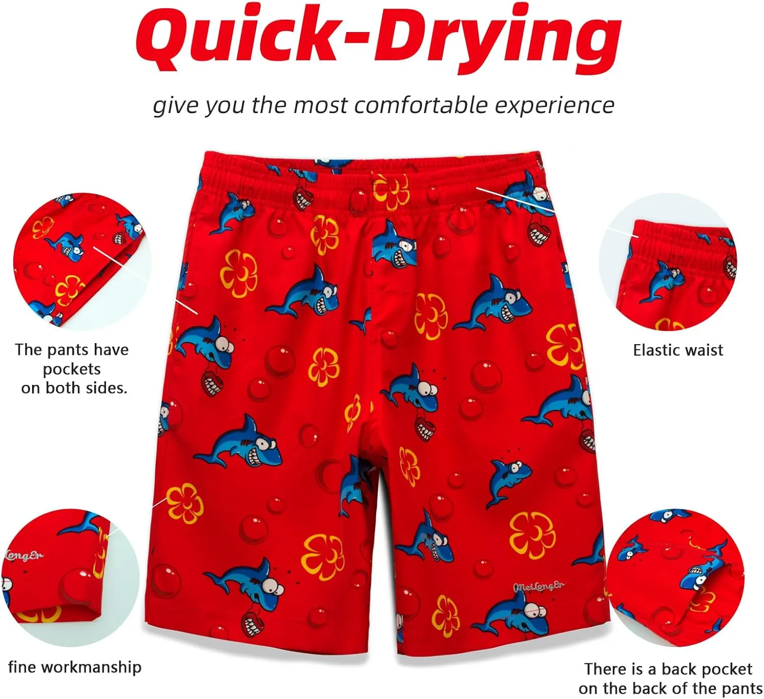 MEILONGER Boys Swim TrunksQuick Dry Beach Board Shorts Swimwear Bathing Suits Size 8,10-12,14-16,18-20