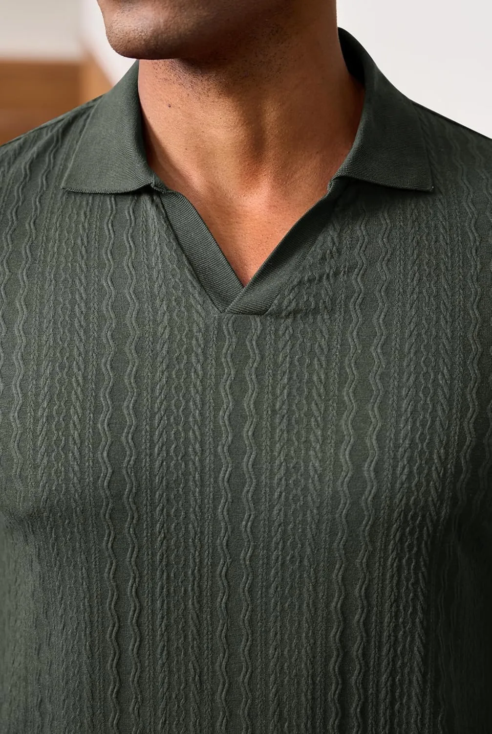 Men Johnny Collar Textured Polo Shirt Cable Knit Stretch Casual Shirts (S-XXL)