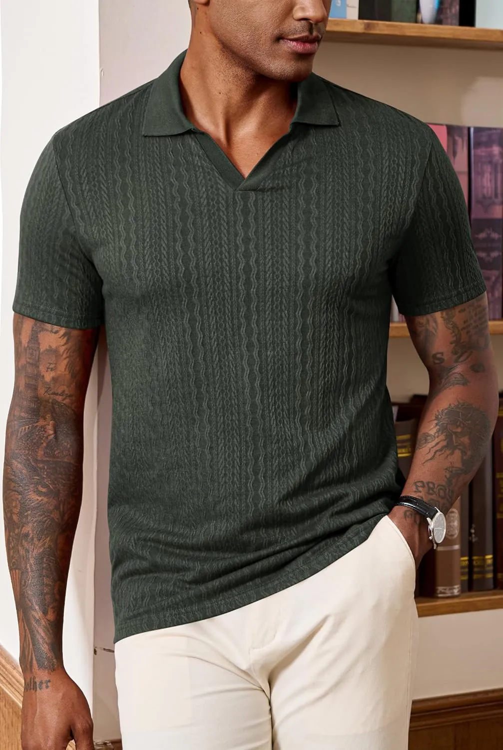 Men Johnny Collar Textured Polo Shirt Cable Knit Stretch Casual Shirts (S-XXL)