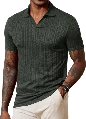 Men Johnny Collar Textured Polo Shirt Cable Knit Stretch Casual Shirts (S-XXL)