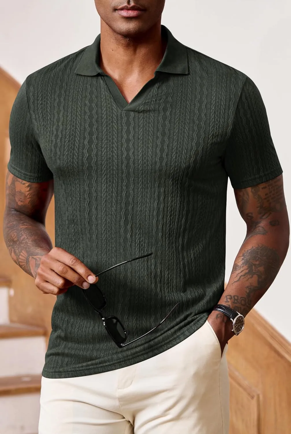 Men Johnny Collar Textured Polo Shirt Cable Knit Stretch Casual Shirts (S-XXL)