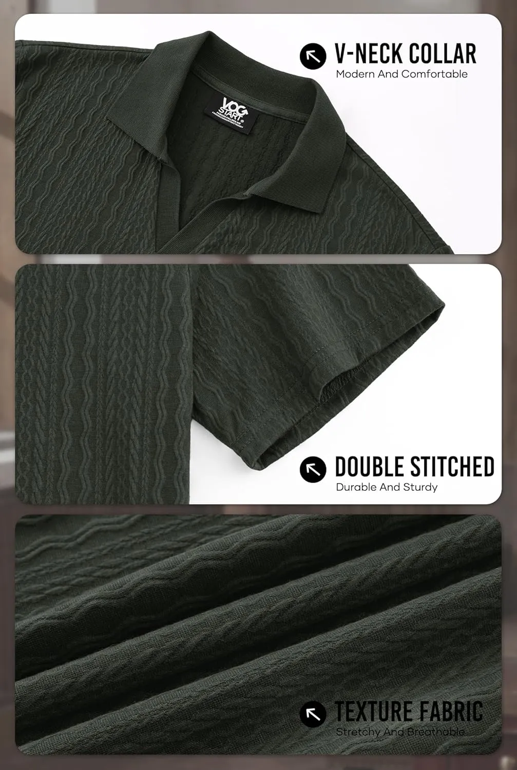 Men Johnny Collar Textured Polo Shirt Cable Knit Stretch Casual Shirts (S-XXL)