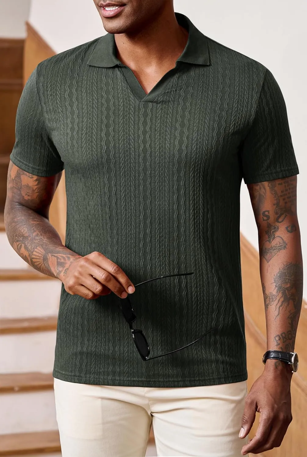 Men Johnny Collar Textured Polo Shirt Cable Knit Stretch Casual Shirts (S-XXL)