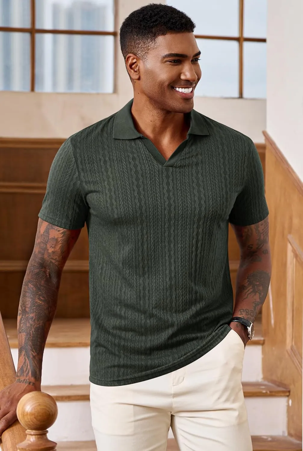 Men Johnny Collar Textured Polo Shirt Cable Knit Stretch Casual Shirts (S-XXL)