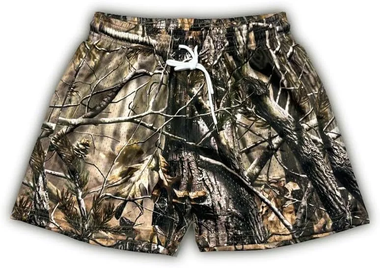 Men's Real Tree Print Mesh Shorts Lightweight Breathable Quick-Dry Running Gym Shorts for Outdoor Casual Wear