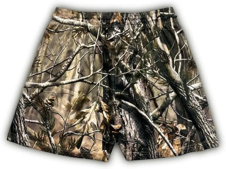 Men's Real Tree Print Mesh Shorts Lightweight Breathable Quick-Dry Running Gym Shorts for Outdoor Casual Wear