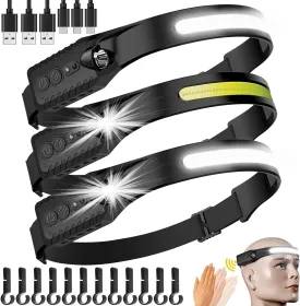 najiaxiaowu Rechargeable LED Headlamp 3 Packs,COB230 Wide Light Headlamp, 5 Modes of Lightweight Headlamps with Motion Sensors, Type-C USB Charging Headlamps,Suitable for Night Running