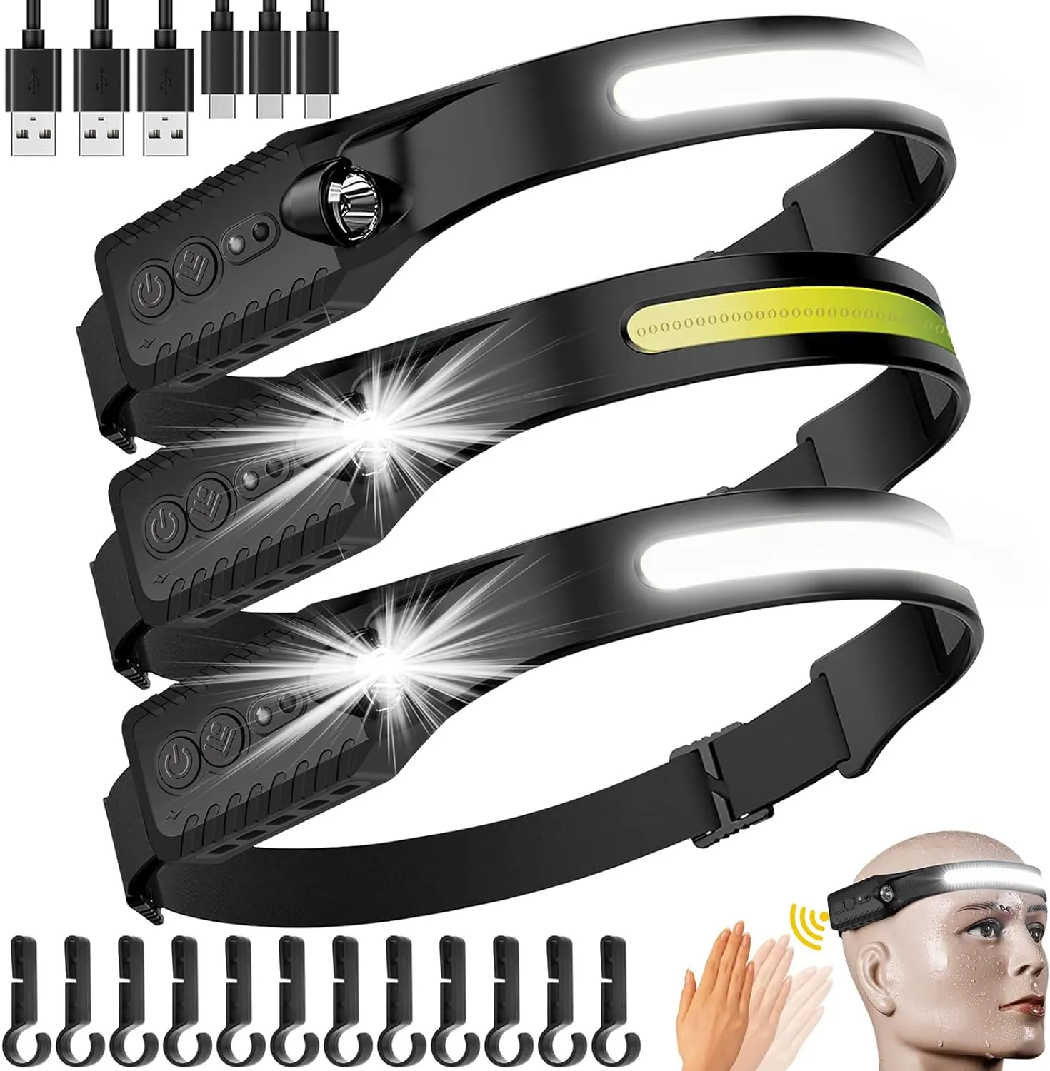 najiaxiaowu Rechargeable LED Headlamp 3 Packs,COB230 Wide Light Headlamp, 5 Modes of Lightweight Headlamps with Motion Sensors, Type-C USB Charging Headlamps,Suitable for Night Running