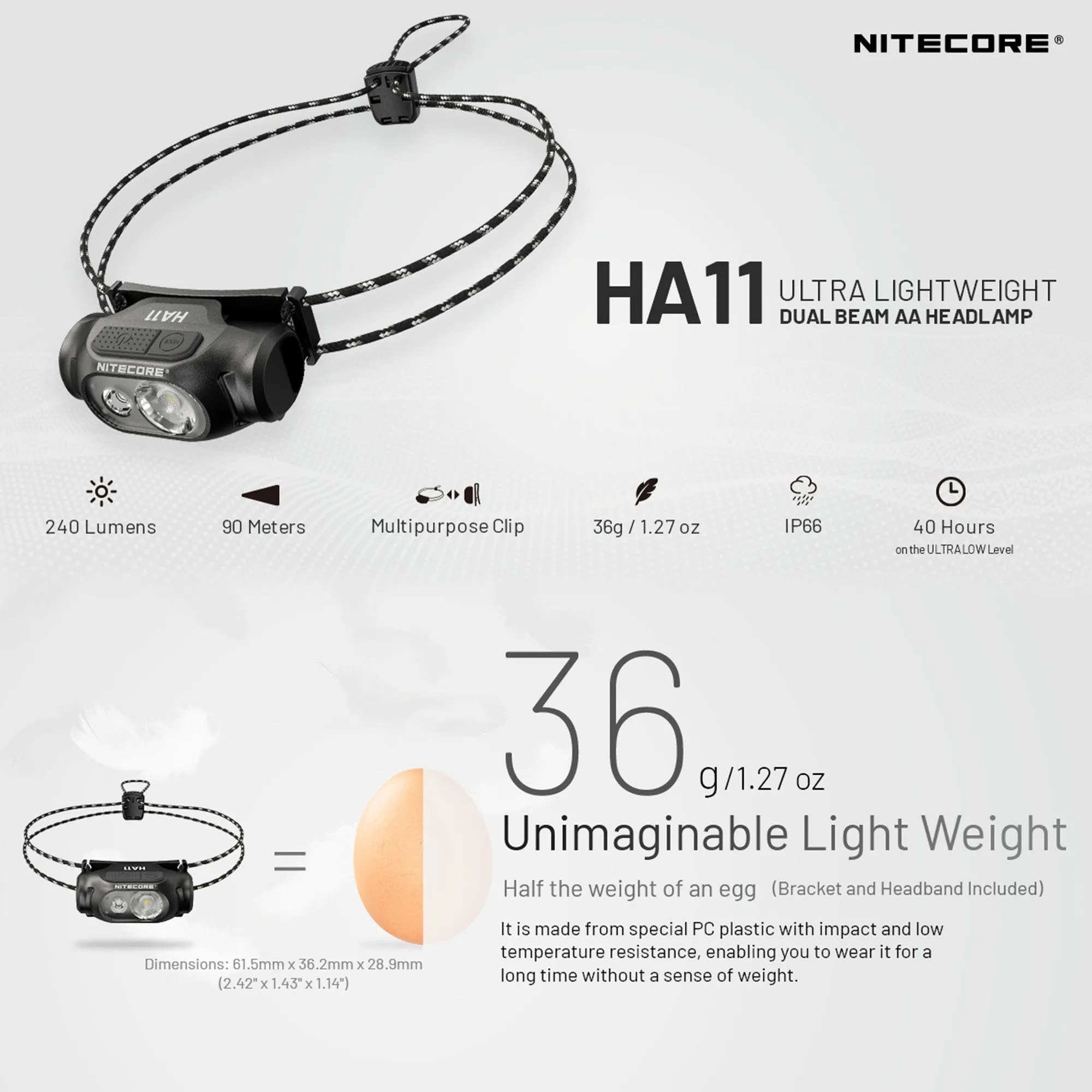 Nitecore HA11 Ultra-Lightweight Headlamp w/ aux. Red Beam (240 Lumens | 1xAA)