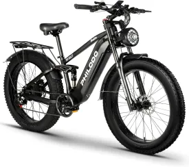 PHILODO 1500W 52V 23Ah Electric Bike for Adults - 36MPH 80 Mile Range, 26"x4" Fat Tire Mountain Ebike with Full Suspension & Hydraulic Disc Brakes - All-Terrain Commuter Bicycle