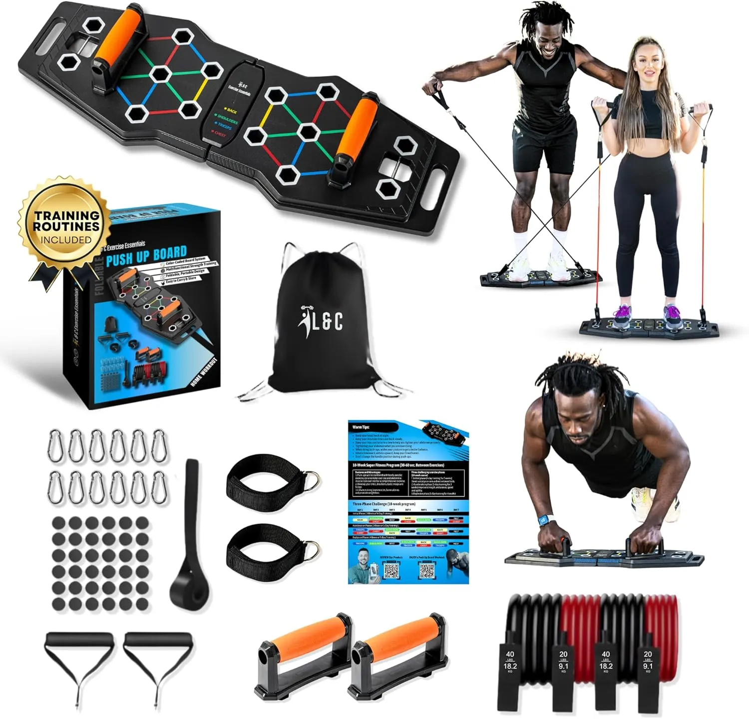 Push Up Board for Full Body Workout at Home - Portable, Joint Friendly, Fun & Motivating Home Workout Equipment with QR Code Guided Workouts - Ideal for Men, Women, Teens - L&C Exercise Essentials