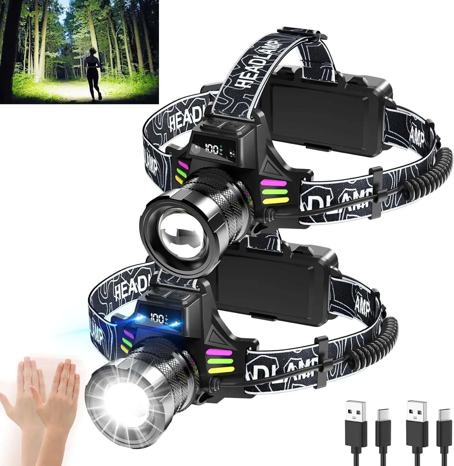 Rechargeable Headlamp 2 Pack, 5000 Lumens Bright Headlight for Adults with 7 Modes, Motion Sensor & Digital Display Waterproof for Camping, Hiking, Running, Luminous Strip