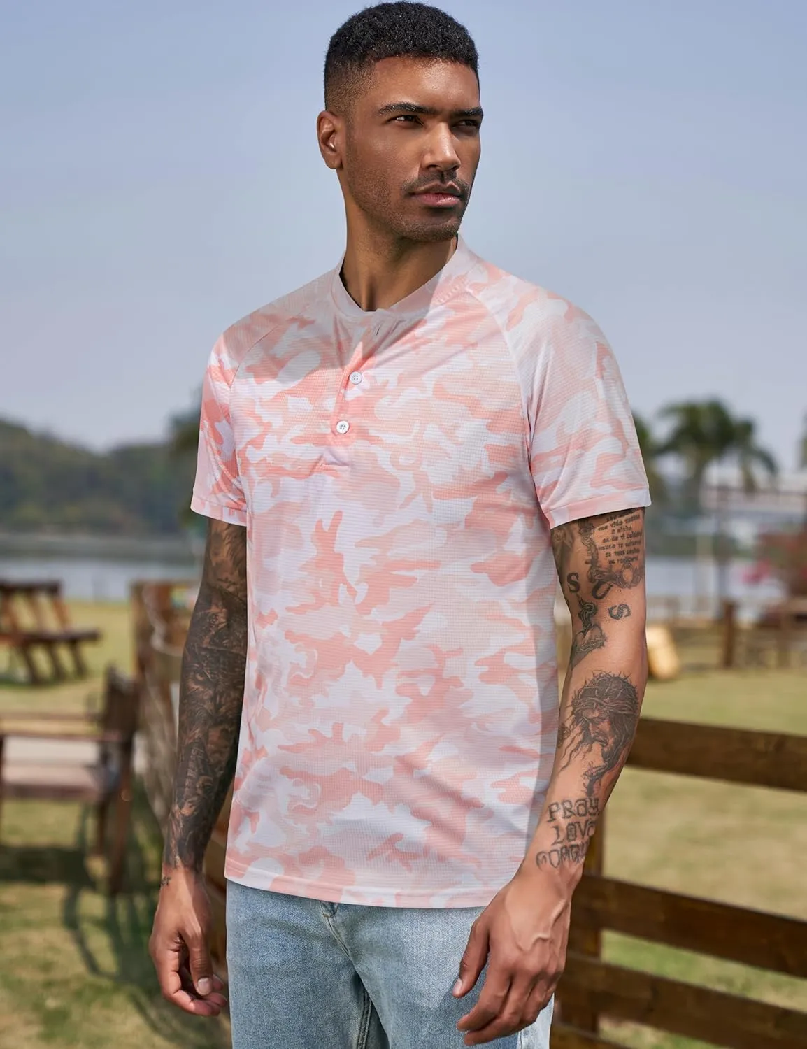 TAPULCO Mens Collarless Golf Shirts Short Sleeve Dry Fit Stretch Casual Breathable Lightweight Tshirts