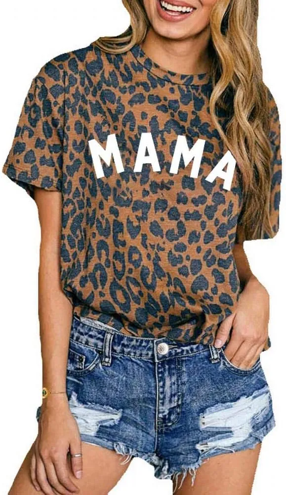 Womens Madre Leopard Print T-Shirts Short Sleeve Mama Shirts Cheetah Mom Graphic Tees Tops