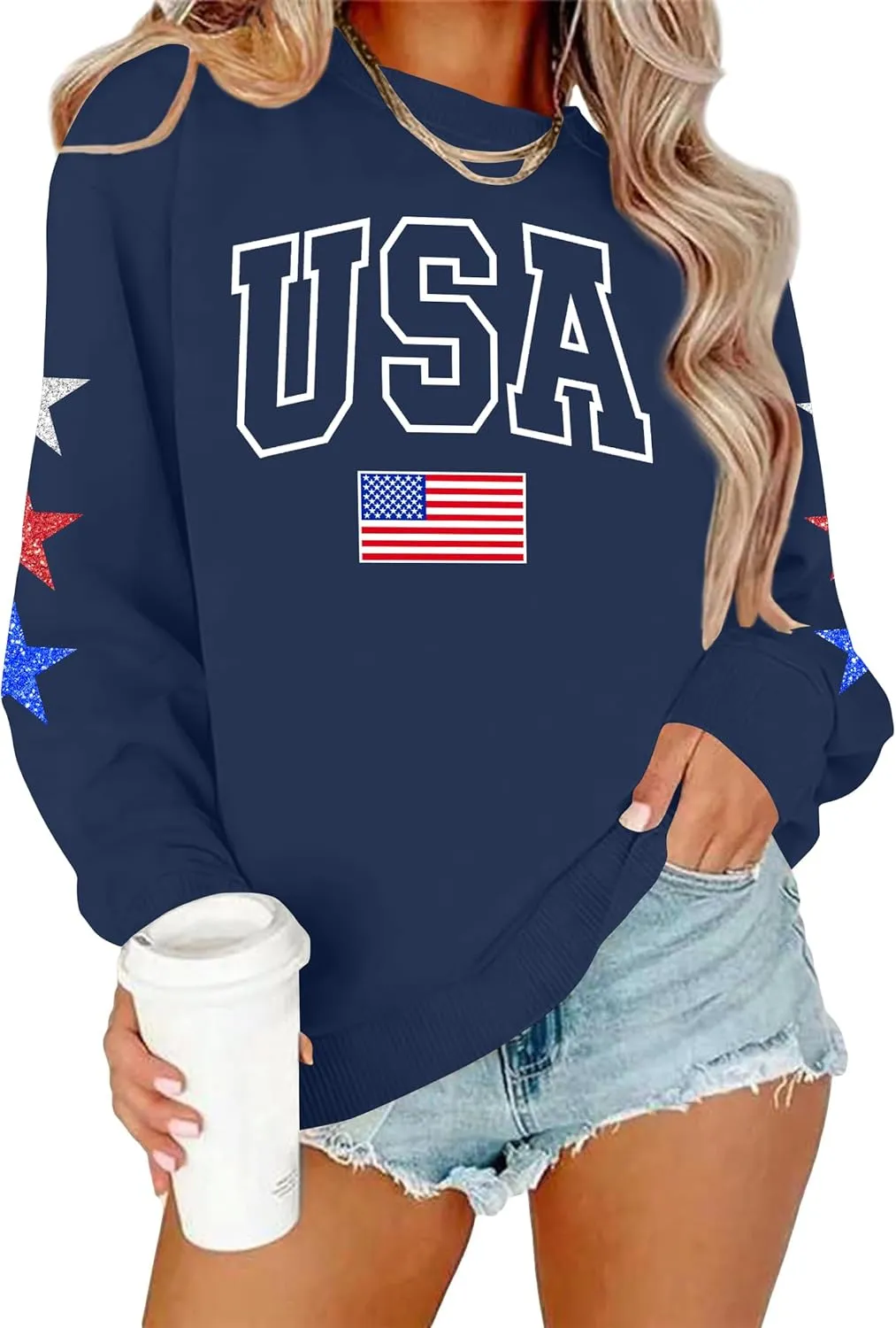 YI XIANG RAN USA Sweatshirt Women: American Shirt 1776 Patriotic TShirt Stars Stripes Glitter Pullover 4th of July Tee Tops